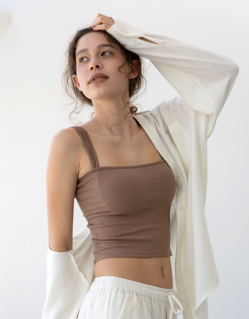 パッドイン ワイドショルダー リブ トップ  -brown-