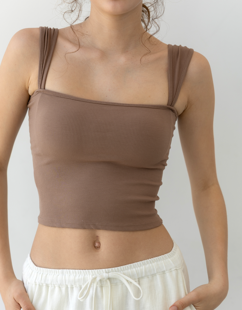 パッドイン ワイドショルダー リブ トップ  -brown-