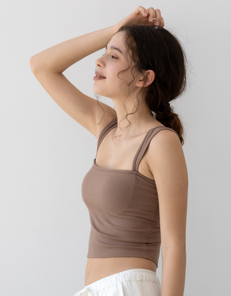 パッドイン ワイドショルダー リブ トップ  -brown-