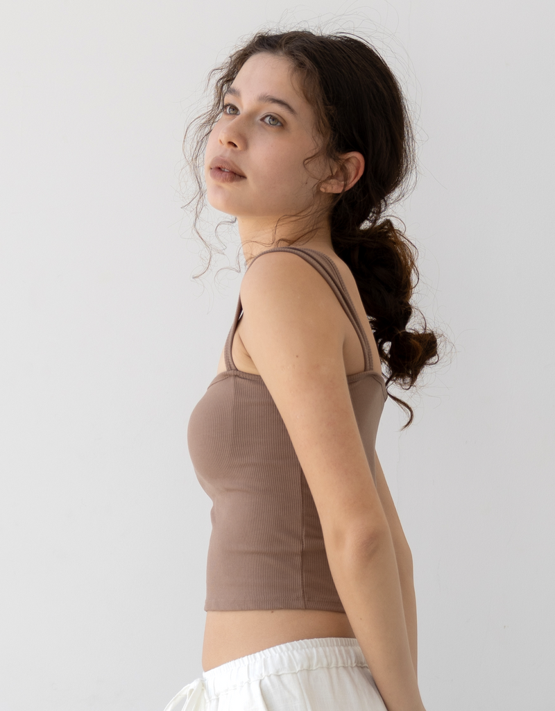 パッドイン ワイドショルダー リブ トップ  -brown-