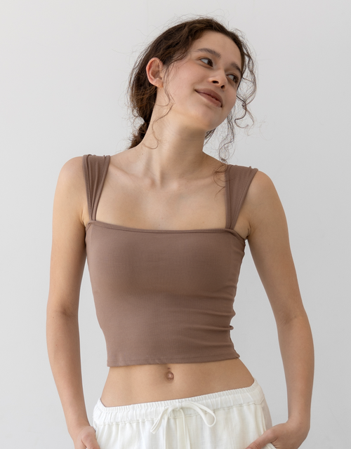 パッドイン ワイドショルダー リブ トップ  -brown-